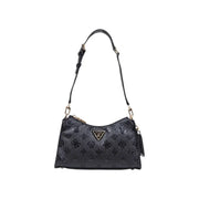 Guess black polyurethane handbag with embossed logo pattern and gold-tone triangular brand emblem and zip pockets