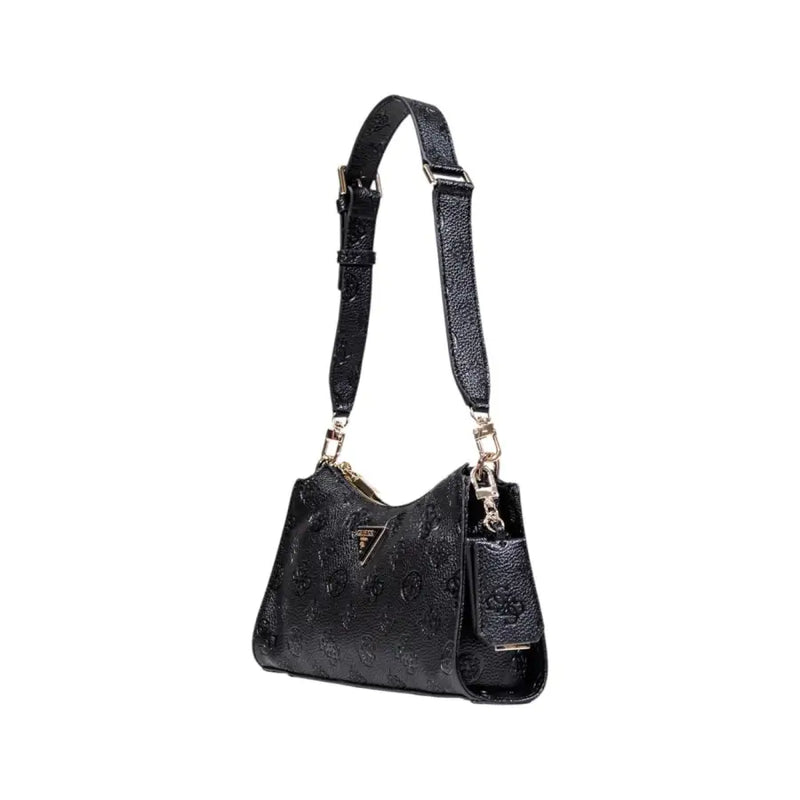 Guess black textured leather shoulder bag with subtle embossed logo pattern and gold-tone hardware with zip pockets