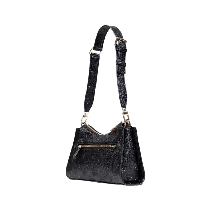 Guess black polyurethane handbag with textured surface and gold-tone zipper and hardware featuring zip pockets