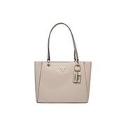 Guess beige textured leather tote bag with silver triangular logo and keychain