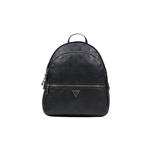 Guess black polyurethane rucksack with embossed logo pattern and gold-tone zip pockets for stylish storage