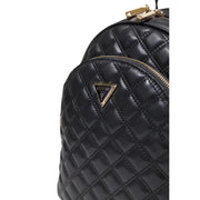Guess black quilted polyurethane rucksack with gold-tone hardware zip pockets and triangular logo front view