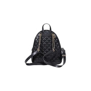 Guess black quilted polyurethane rucksack backpack with chain straps, top handle, and zip pockets