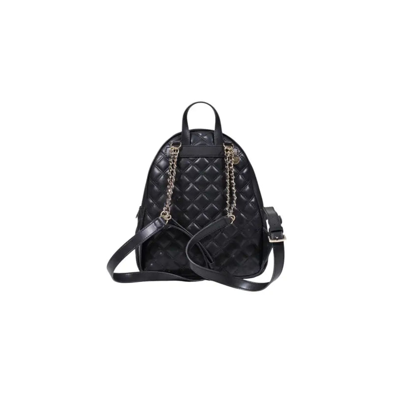 Guess black quilted polyurethane rucksack backpack with chain straps, top handle, and zip pockets