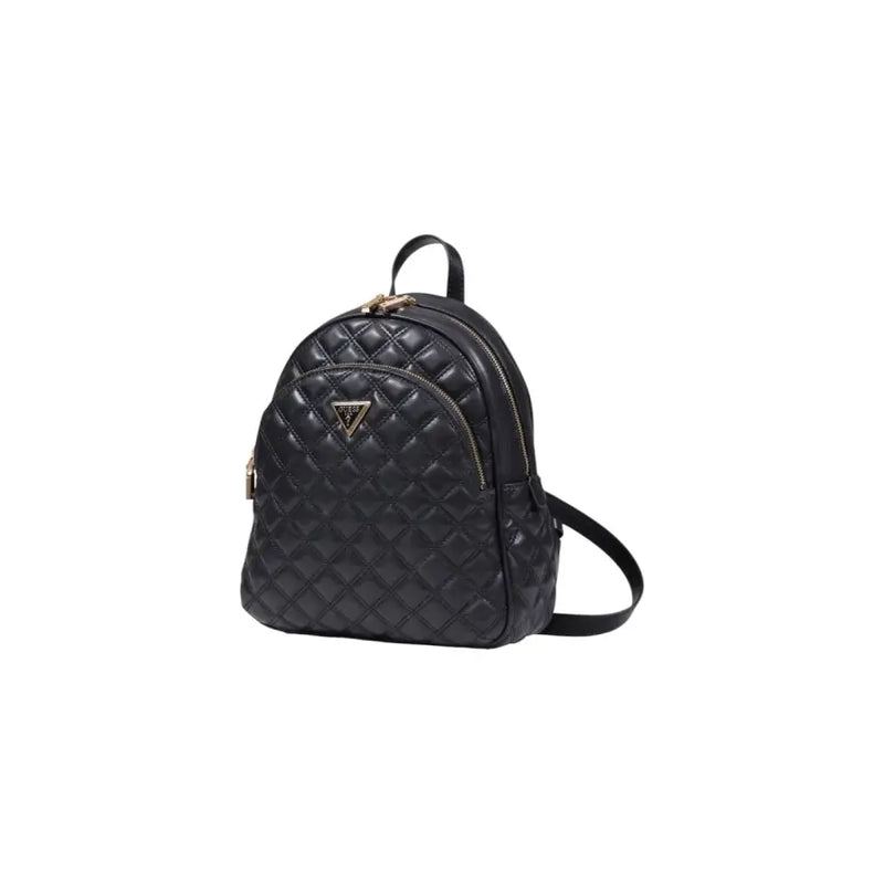Guess black quilted polyurethane rucksack with gold-tone hardware and triangular logo featuring zip pockets