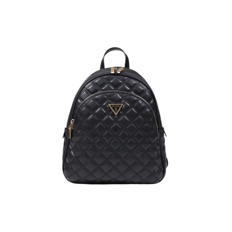 Guess black quilted polyurethane rucksack backpack with gold-tone hardware triangular logo and zip pockets front view