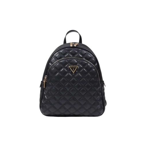 Guess black quilted polyurethane rucksack backpack with gold-tone hardware triangular logo and zip pockets front view