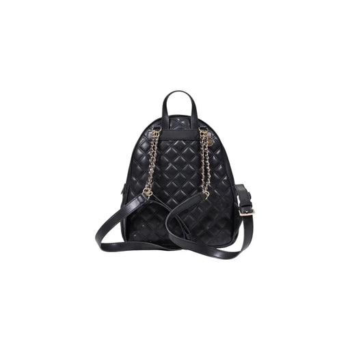 Guess black quilted polyurethane rucksack backpack with chain straps, top handle, and zip pockets