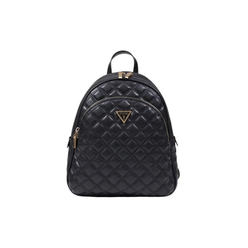 Guess black quilted polyurethane rucksack backpack with gold-tone hardware triangular logo and zip pockets front view