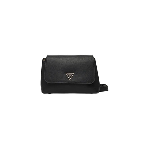 Black Guess polyurethane crossbody shoulder bag with textured leather and silver triangular logo and inside pocket