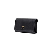 Guess black polyurethane shoulder bag with textured surface triangular logo emblem and multiple exterior pockets