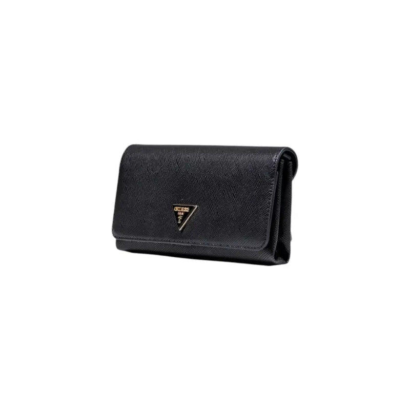 Guess black polyurethane shoulder bag with textured surface triangular logo emblem and multiple exterior pockets