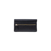 Black textured leather wallet with gold tone zipper inside the Guess black polyurethane shoulder bag with pockets