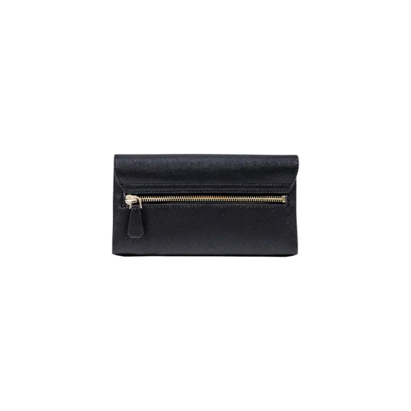 Black textured leather wallet with gold tone zipper inside the Guess black polyurethane shoulder bag with pockets