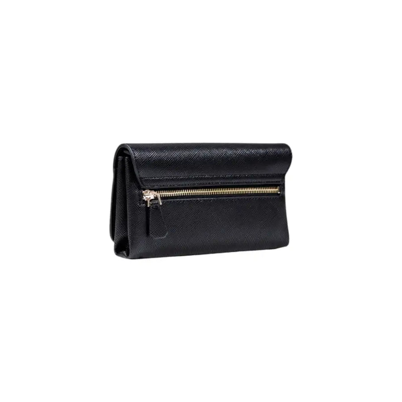 Guess black polyurethane shoulder bag featuring a black textured leather wallet with a gold-tone zipper