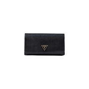 Black Guess polyurethane shoulder bag with textured surface pockets and metallic triangular logo on front