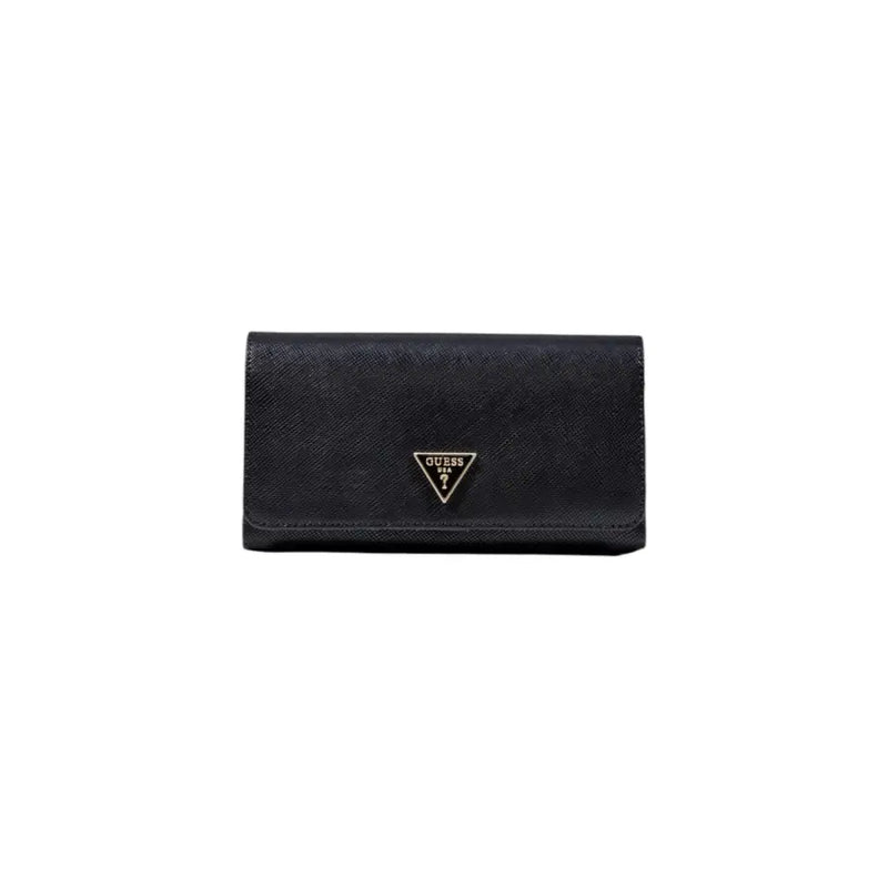 Black Guess polyurethane shoulder bag with textured surface pockets and metallic triangular logo on front