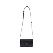 Guess black polyurethane shoulder bag with textured leather finish and silver-tone triangular logo plaque