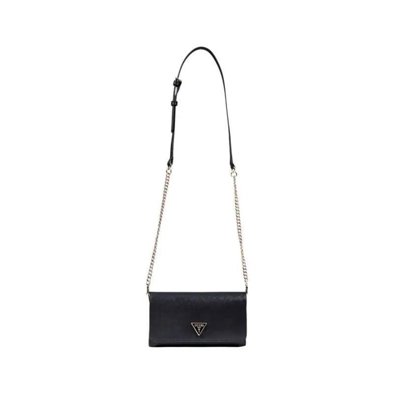 Guess black polyurethane shoulder bag with textured leather finish and silver-tone triangular logo plaque