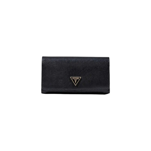 Black Guess polyurethane shoulder bag with textured surface pockets and metallic triangular logo on front