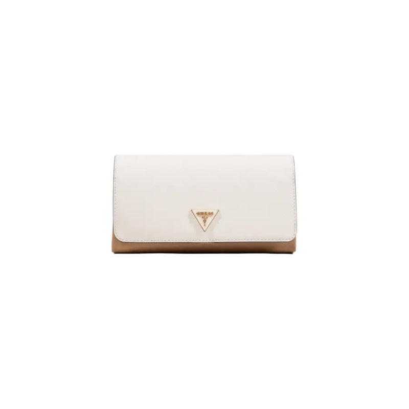 Elegantes Weißbeige Guess Geldbörse mit goldverziertem Logo auf Schultertasche