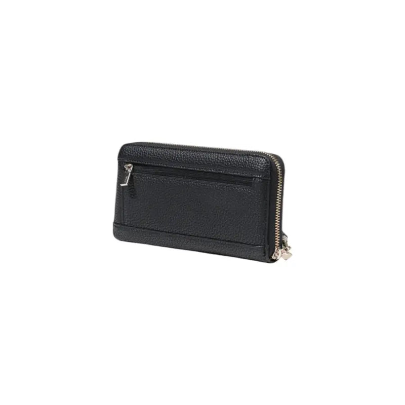 Guess black textured leather women wallet with silver zippers and subtle logo from spring summer collection