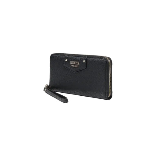 Guess black textured leather wallet with silver zipper and wrist strap from spring summer collection