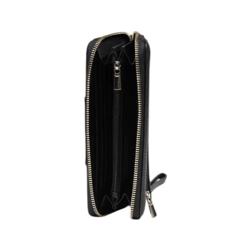 Guess black polyurethane women wallet with dual zippers and gold-tone hardware from spring summer collection