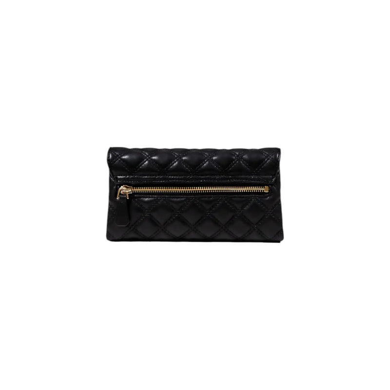 Guess black quilted polyurethane women’s clutch bag with gold zipper and inside pockets for organized storage