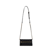Guess black quilted polyurethane crossbody bag with gold-tone zipper chain strap and inside pockets for women