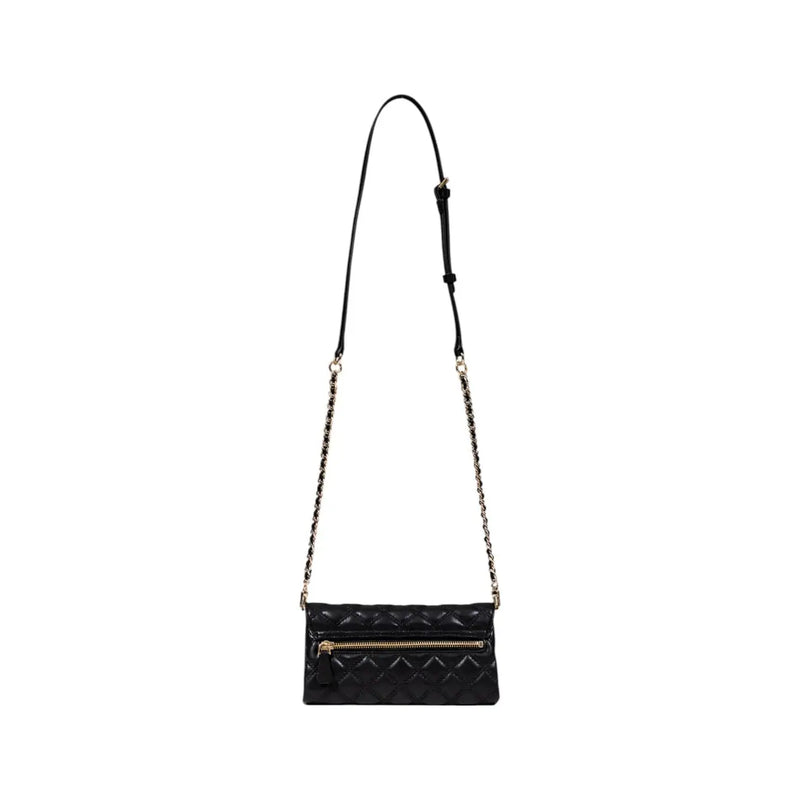 Guess black quilted polyurethane crossbody bag with gold-tone zipper chain strap and inside pockets for women