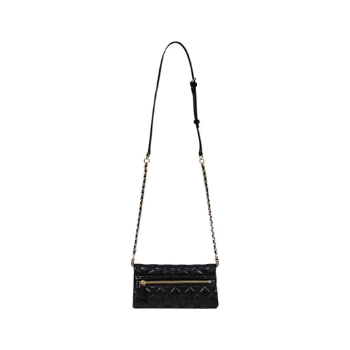 Guess black quilted polyurethane crossbody bag with gold-tone zipper chain strap and inside pockets for women