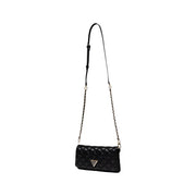 Guess black quilted polyurethane crossbody bag with silver chain strap and triangular logo featuring inside pockets