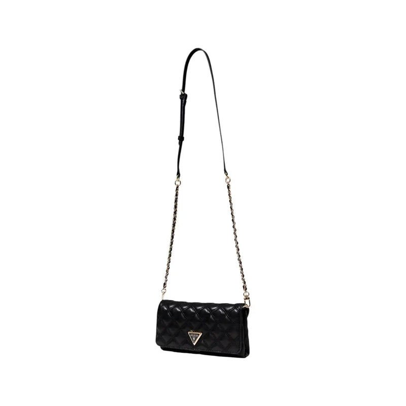 Guess black quilted polyurethane crossbody bag with silver chain strap and triangular logo featuring inside pockets