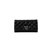 Black quilted leather Guess wallet with gold-tone triangular logo in a polyurethane women’s bag with inside pockets