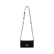 Guess black quilted polyurethane crossbody bag with gold-tone triangular logo and chain strap featuring inside pockets