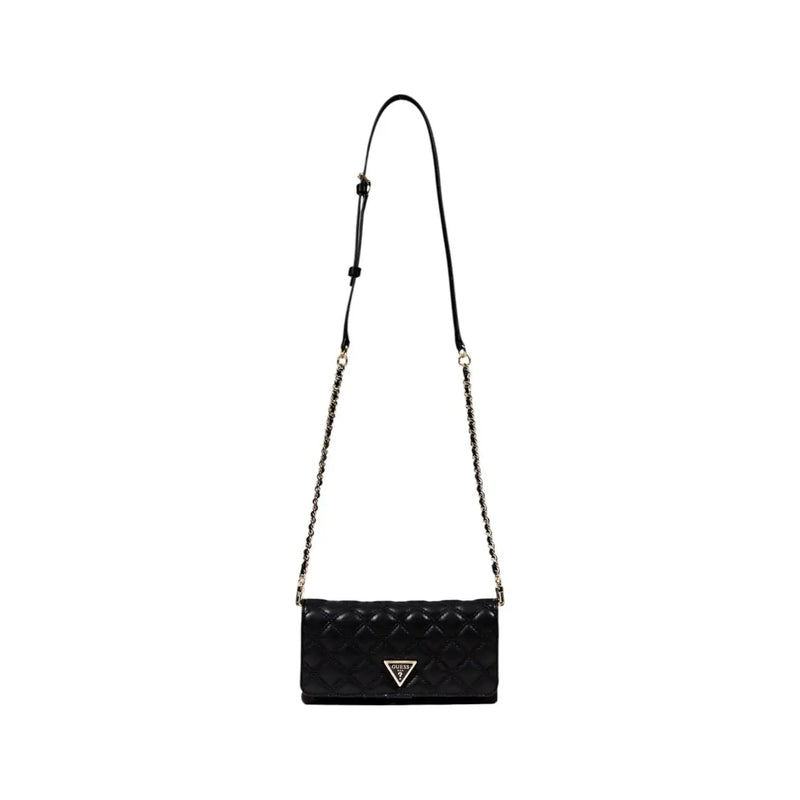 Guess black quilted polyurethane crossbody bag with gold-tone triangular logo and chain strap featuring inside pockets