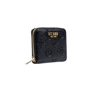 Guess Black polyurethane zip wallet with textured finish, gold zipper, and embossed logo