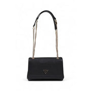 Black Guess shoulder bag for women with textured surface silver-toned triangular logo and chain leather strap