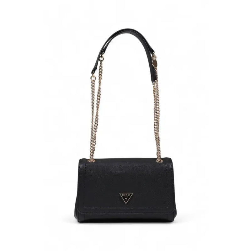 Black Guess shoulder bag for women with textured surface silver-toned triangular logo and chain leather strap