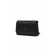 Guess black shoulder bag with textured leather, silver-tone hardware, and multiple pockets for women