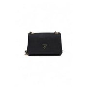 Black Guess shoulder bag for women with textured leather, gold-tone hardware, crossbody design, and multiple pockets
