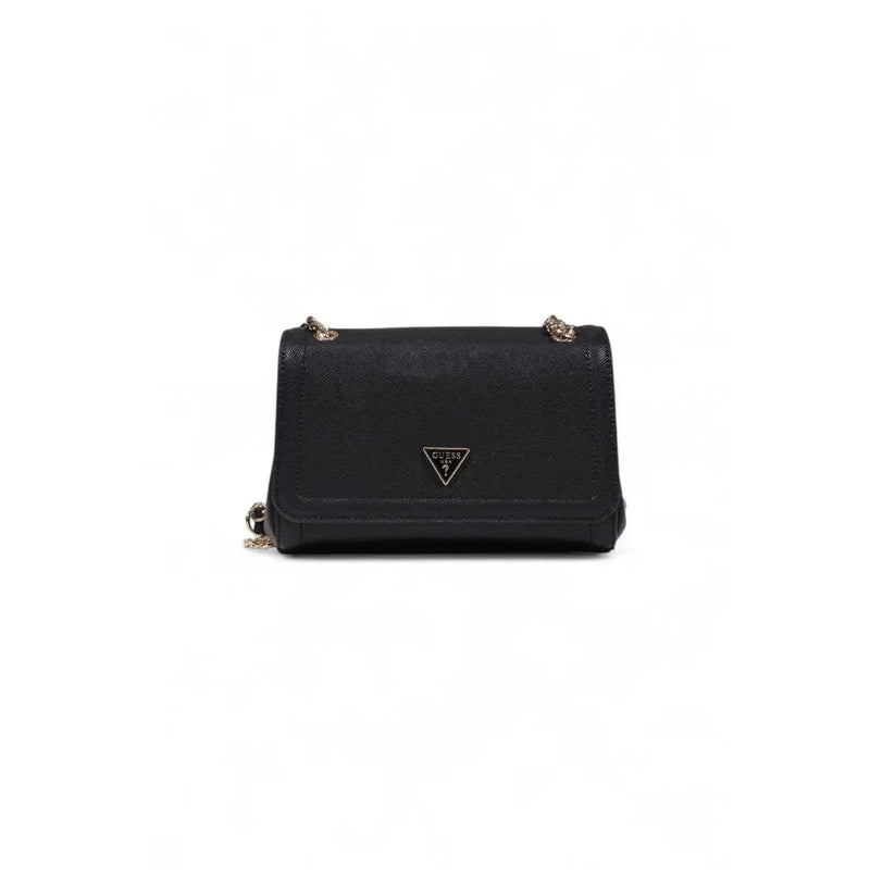 Black Guess shoulder bag for women with textured leather, gold-tone hardware, crossbody design, and multiple pockets