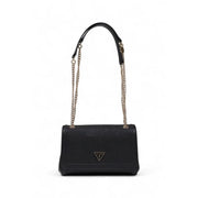 Black Guess shoulder bag for women with textured surface silver-toned triangular logo and chain leather strap