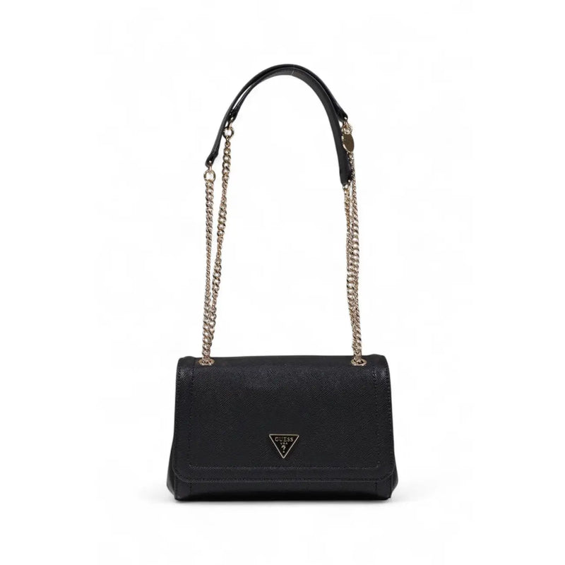 Black Guess shoulder bag for women with textured surface silver-toned triangular logo and chain leather strap