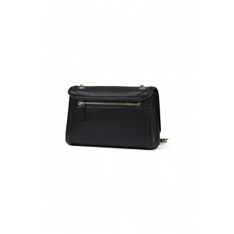 Guess black leather crossbody bag for women with gold-tone hardware and textured surface featuring multiple pockets