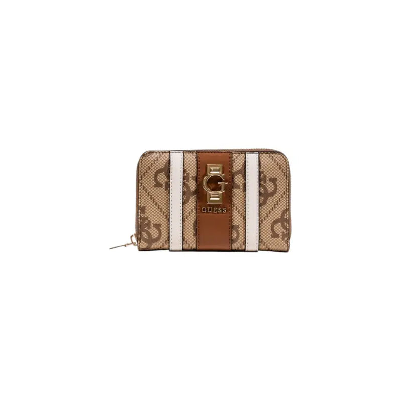 Guess Black Zip Wallet with beige-brown pattern and gold clasp