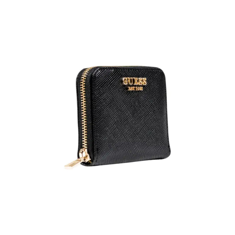 Guess black textured zip wallet for women with gold-tone zipper and logo plaque