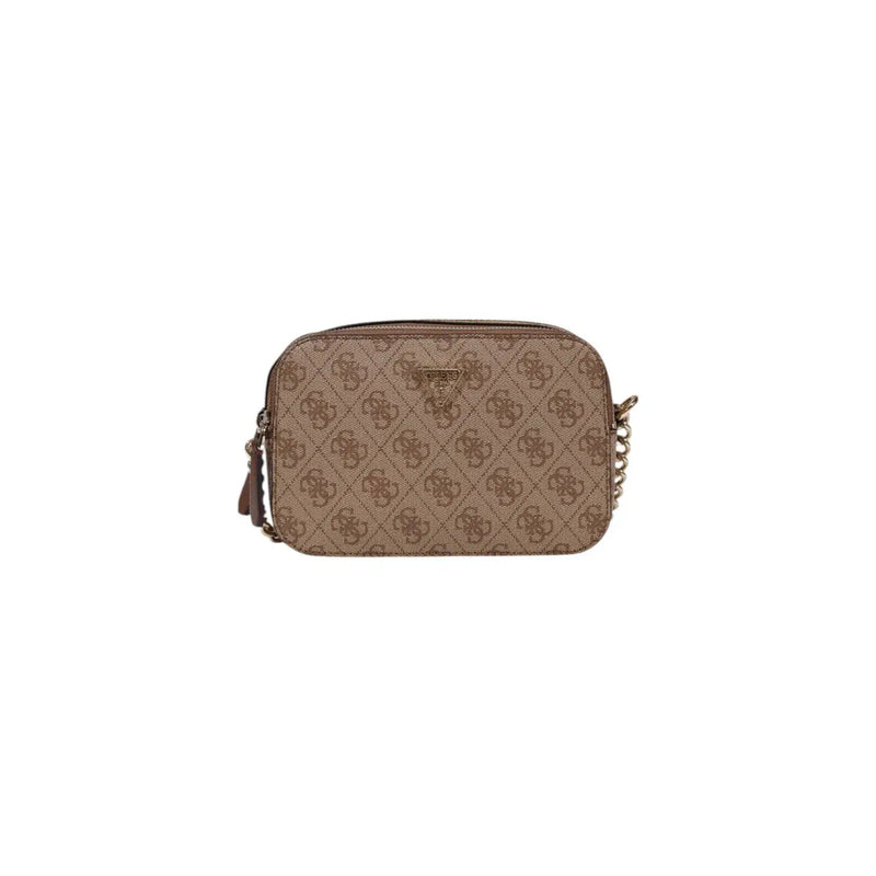 Beige Guess poly shoulder bag for women featuring a repeating logo pattern and gold-tone chain strap