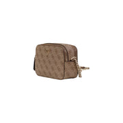Beige Guess brown polyurethane shoulder bag for women with repeating logo pattern and gold-tone chain strap